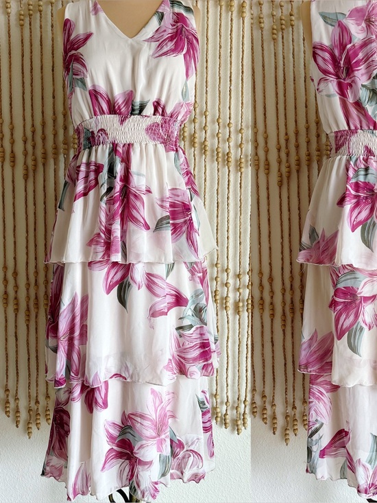 Alexa B Nites Dresses & Skirts - AlexaB Pink Lily Floral Tiered Coquette Western Feminine Sleeveless V Neck Dress